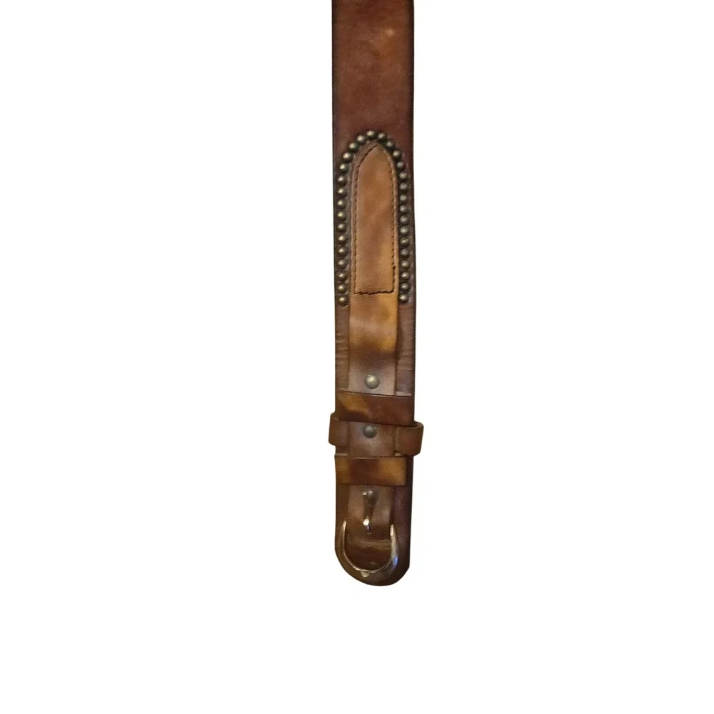 Vintage Studded Genuine Leather Belt Cognac Brown Brass Buckle Boho Western 39in
